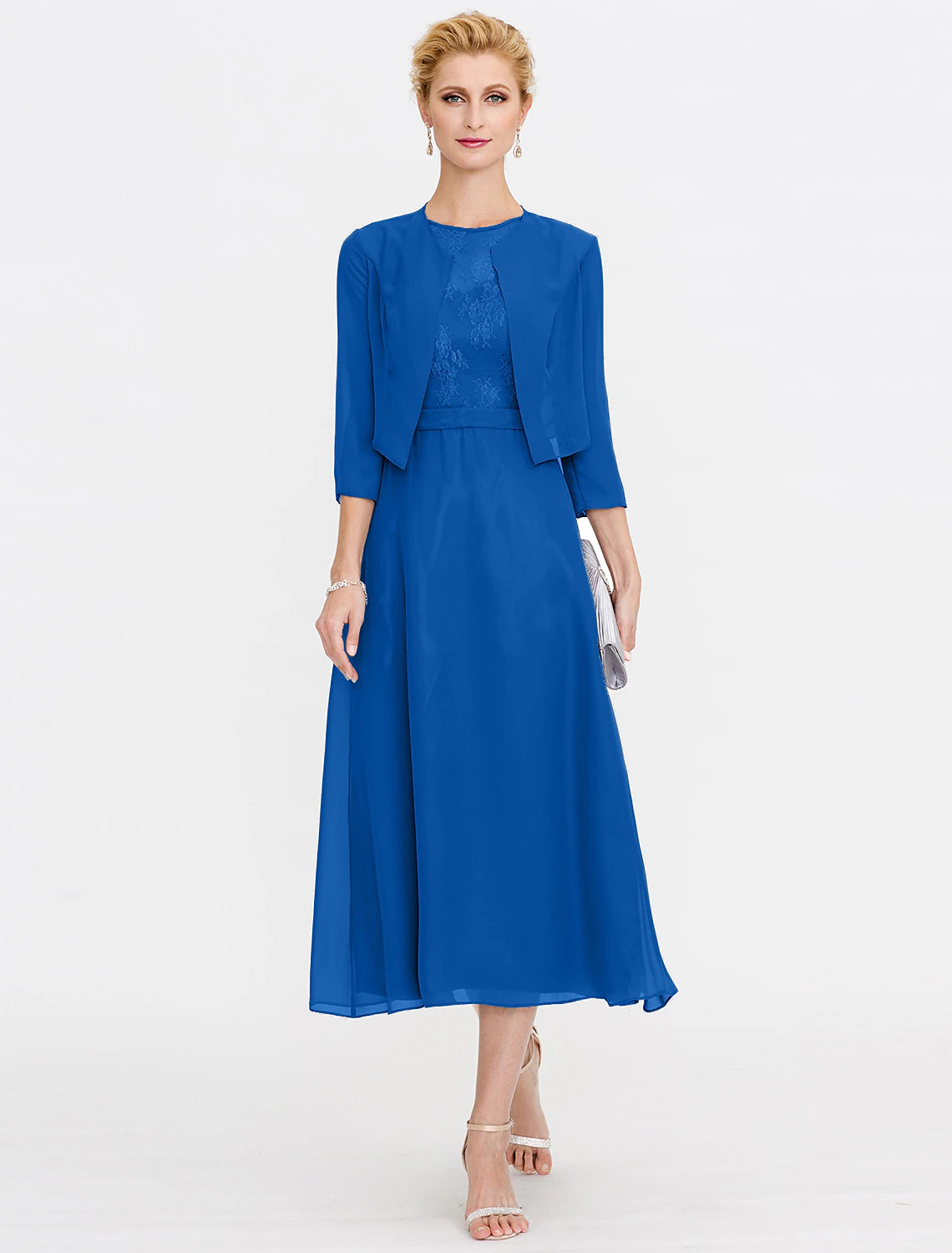 Abito da cerimonia per la madre della sposa a trapezio, abiti da cerimonia autunnali, taglie forti, elegante, scollo a V, lunghezza tè, in chiffon, pizzo cordonato, senza maniche, avvolgente, con pieghe in pizzo